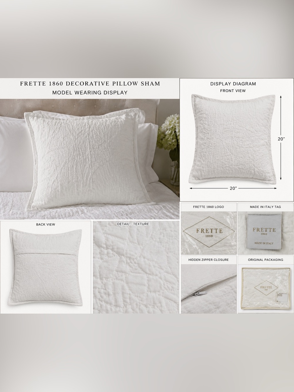 Frette 1860 Conchiglia Boutis Decorative Pillow Sham Cover Ivory 50x50cm Italy